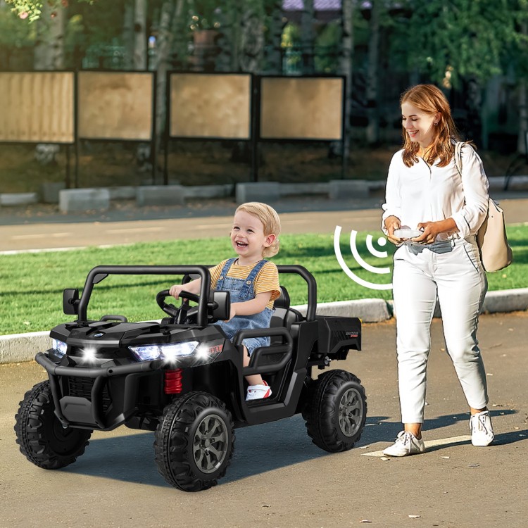 2-seater kids ride-on dump truck in black with tiltable dump bed, remote control, and safety features for outdoor fun.