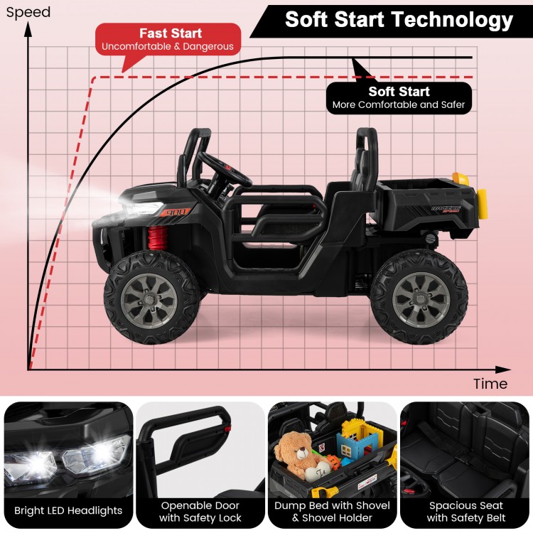 2-seater black kids ride-on dump truck with tiltable dump bed, safety belt, and soft start technology for safe driving.