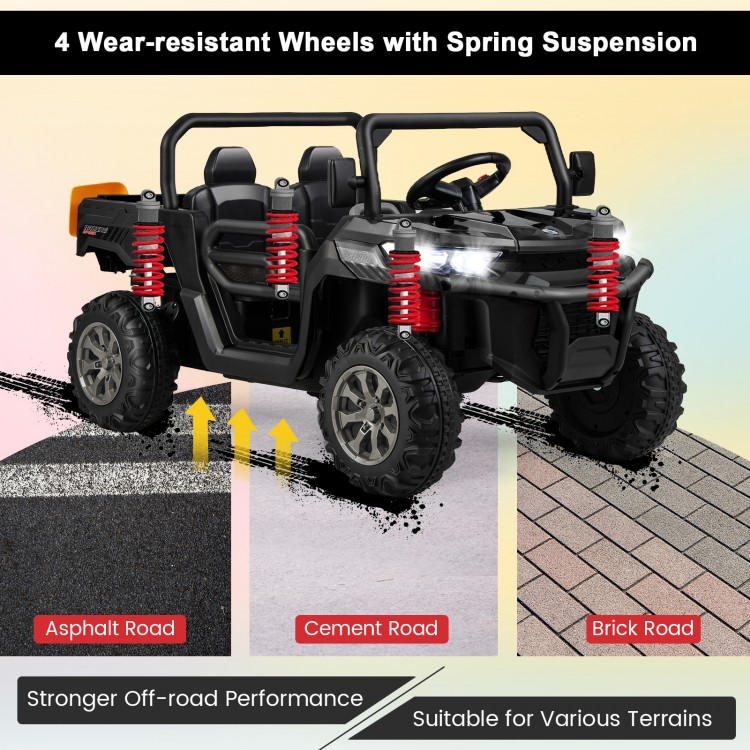 2-seater kids ride-on dump truck with wear-resistant wheels, spring suspension, and tiltable dump bed for outdoor fun.