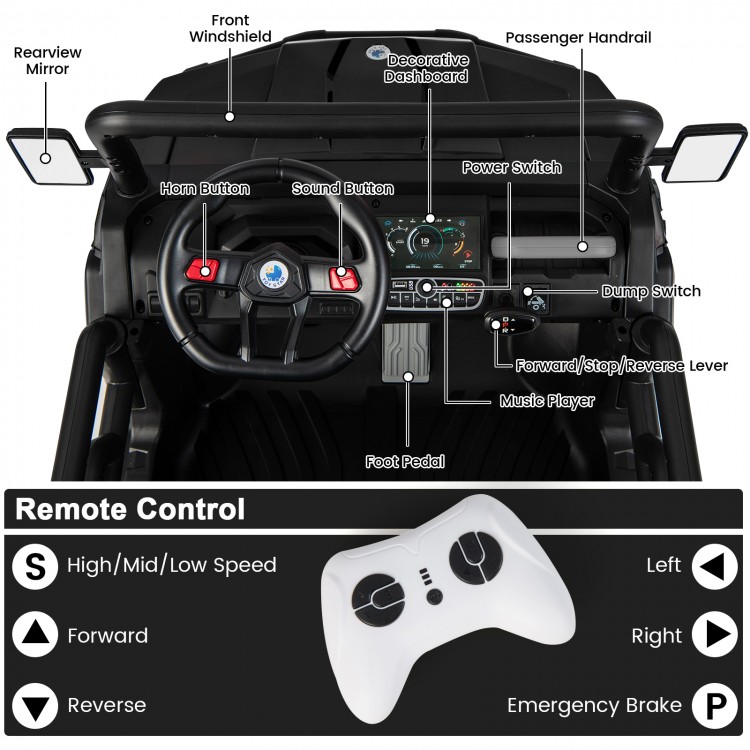 Dashboard view of the 2-seater kids ride-on dump truck with sound button, power switch, and remote control features.