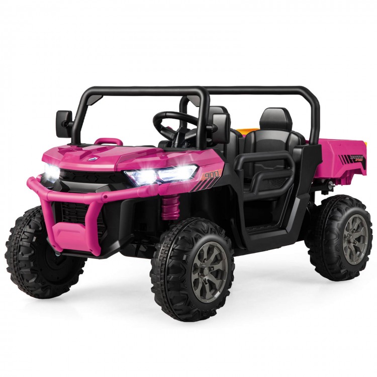 Pink 2-seater kids ride-on dump truck with tiltable dump bed, sturdy design, and built-in music for endless fun.