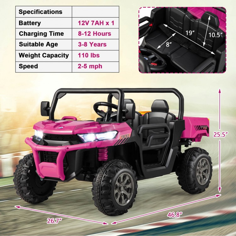 2-seater pink kids ride-on dump truck with tiltable dump bed, suitable for ages 3-8, featuring a weight capacity of 110.