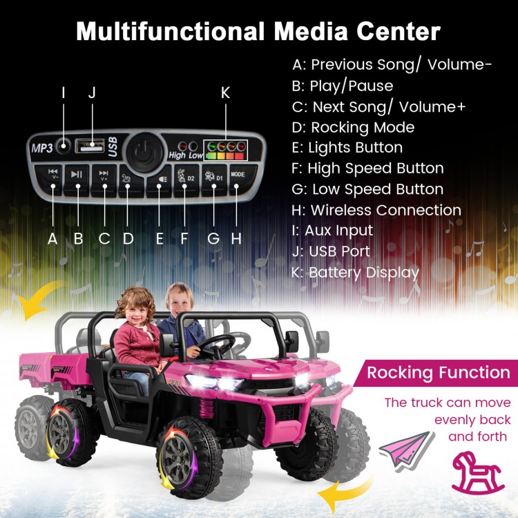 2-seater pink kids ride-on dump truck with tiltable dump bed, music features, and remote control for ages 3-8.