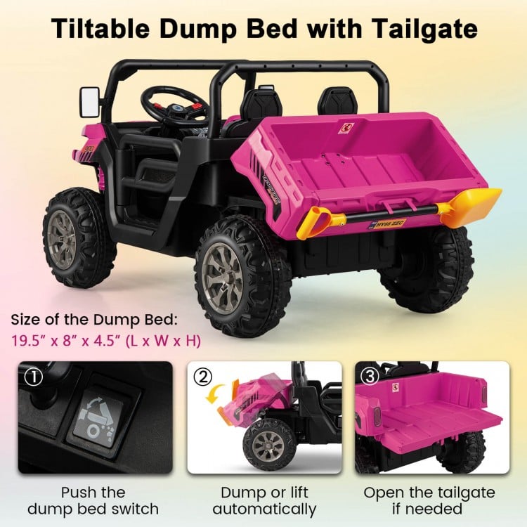 Kids ride-on dump truck in pink with tiltable dump bed, designed for two, perfect for outdoor play and toy storage.
