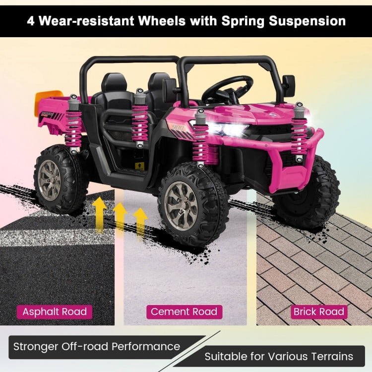 2-seater pink kids ride-on dump truck with wear-resistant wheels and spring suspension, suitable for various terrains.
