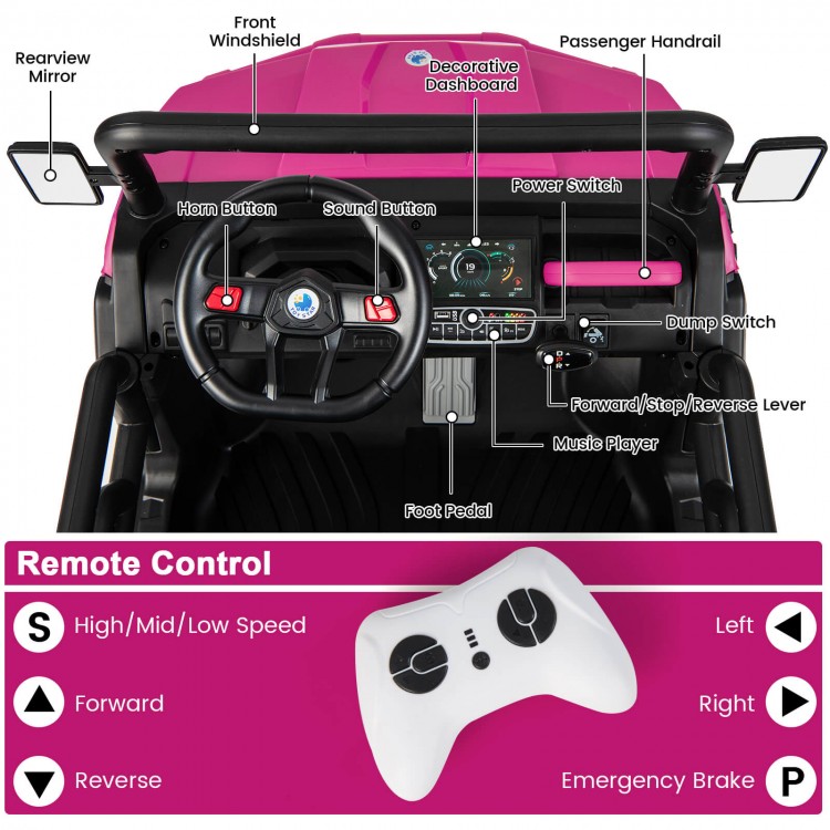 Pink 2-seater kids ride-on dump truck interior with dashboard, remote control, and safety features for fun driving.