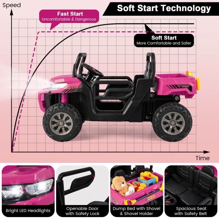 2-seater pink kids ride-on dump truck with tiltable dump bed, safety features, and soft start technology for safe.
