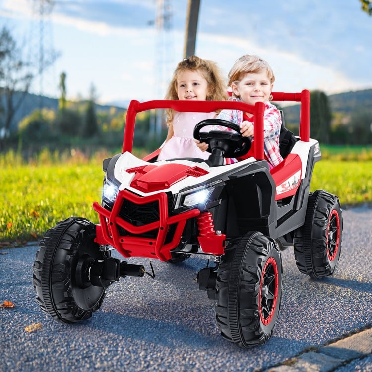 2-seater kids ride-on UTV in red with remote control, featuring safety belts and bright headlights for outdoor fun.