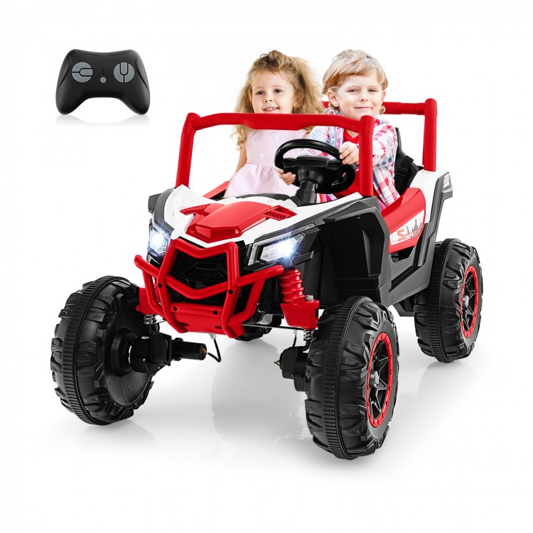 Red 2-seater kids ride-on UTV with remote control, safety belts, and bright headlights for outdoor fun.