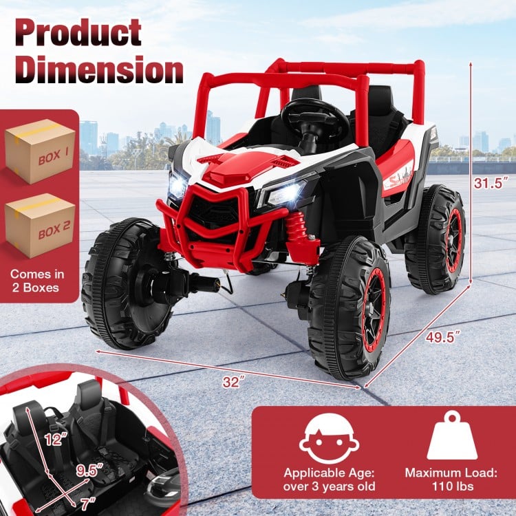 Red 2-seater kids ride-on UTV with remote control, safety belts, and bright headlights for children over 3 years old.