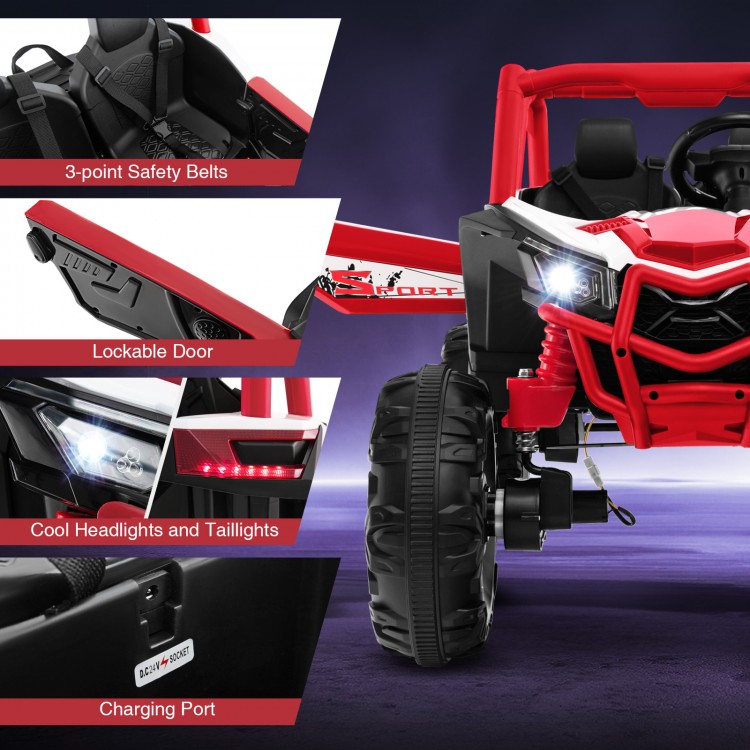 Close-up of the red 2-seater kids UTV showing safety belts, lockable door, and bright headlights for secure driving.