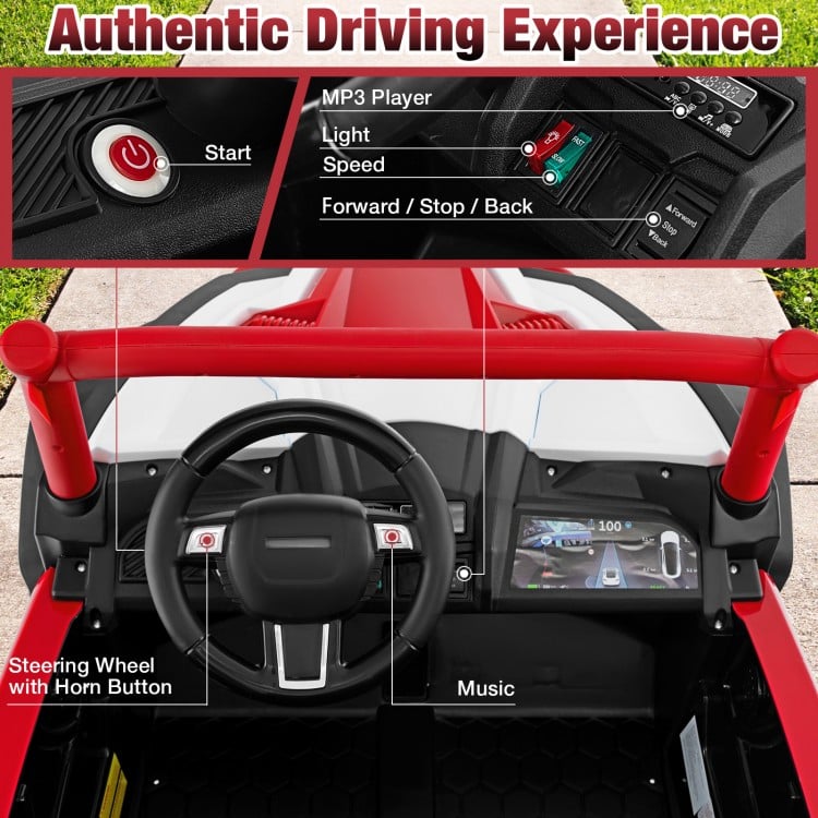 Interior view of the red 2-seater kids UTV showing steering wheel, MP3 player, and control panel for an immersive.