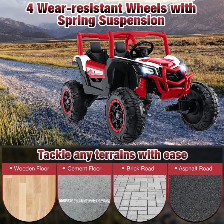 2-seater kids ride-on UTV in red with wear-resistant wheels, suitable for various terrains, ideal for children over 3.
