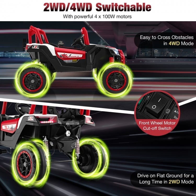 2-seater kids UTV in red with 4 wear-resistant wheels, remote control, and safety features for children over 3 years.