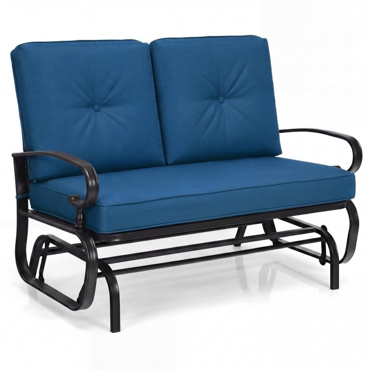 Two-seat outdoor swing glider chair in navy with soft cushions, sturdy steel frame, ideal for patio relaxation.