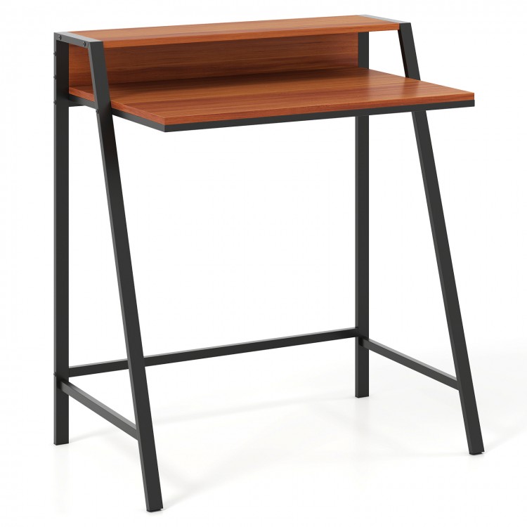 2 Tier computer desk with walnut finish and ergonomic monitor stand, perfect for home office or study use.