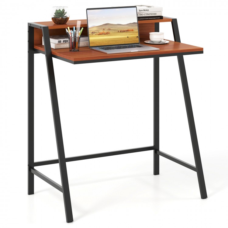 Walnut 2-tier computer desk with ergonomic monitor stand, sturdy iron frame, ideal for home office or study use.
