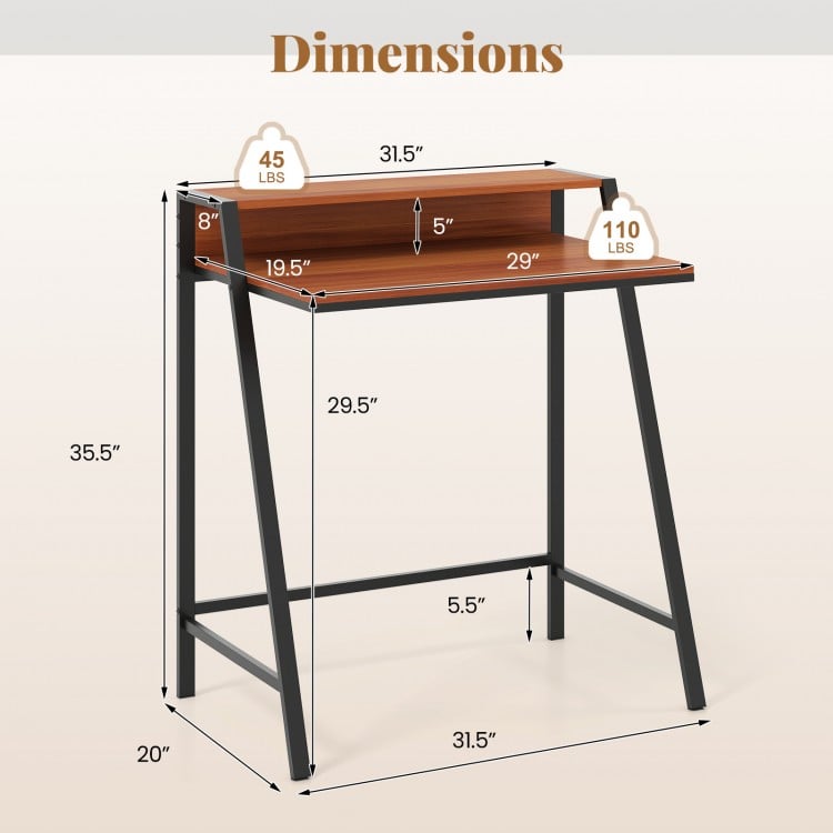 2 Tier computer desk in walnut finish with ergonomic monitor stand, featuring a durable iron frame for home office use.