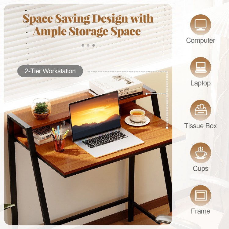 2-tier walnut computer desk with ergonomic monitor stand, spacious workspace, and sturdy iron frame for home office use.