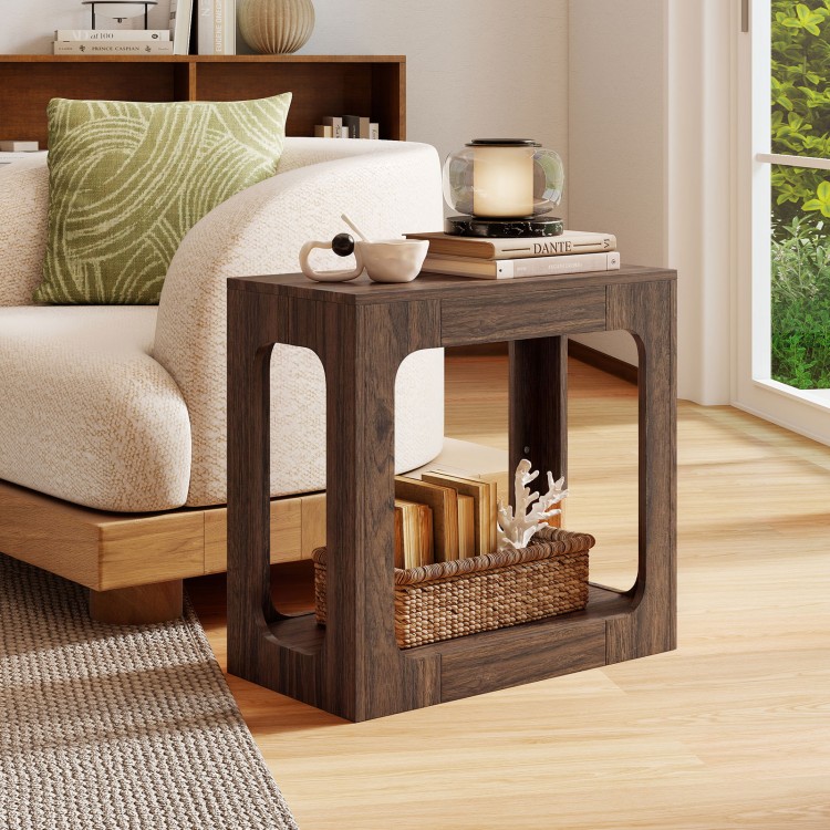 2-tier walnut end table with rustic wood grain, open shelf for storage, perfect for living room space-saving.