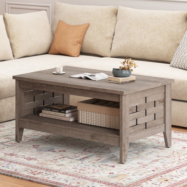 Farmhouse coffee table with a spacious top in oak, featuring a lower shelf for storage and a stylish woven accent.