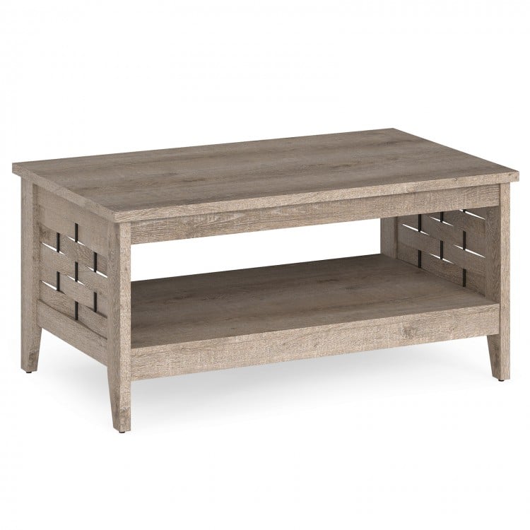 2-tier farmhouse coffee table in oak with open shelf and woven decorations, perfect for living room storage and style.