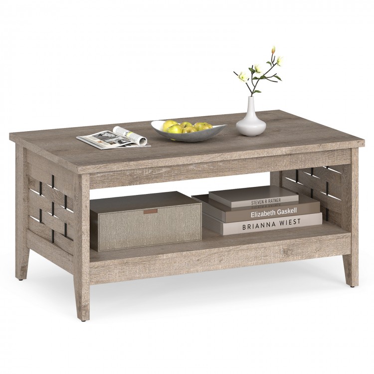 2-tier farmhouse coffee table in oak with open shelf, woven decorations, and ample storage for living room essentials.