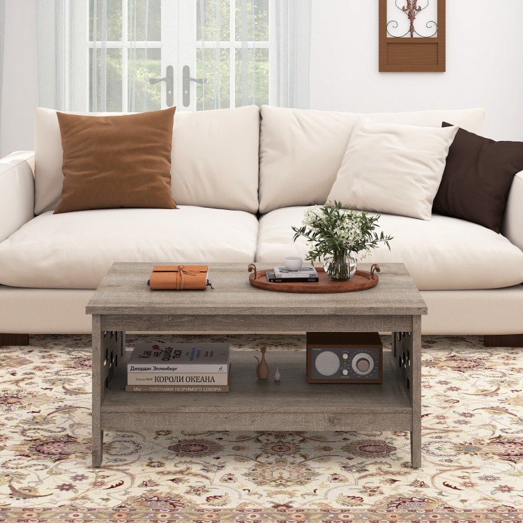 2-tier farmhouse coffee table in oak featuring a lower shelf and woven details, ideal for storage and enhancing living.