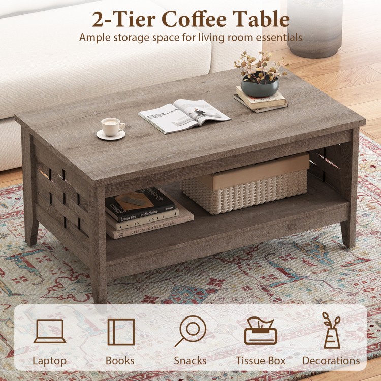 2-tier farmhouse coffee table in oak with open shelf, perfect for living room essentials and stylish decor.