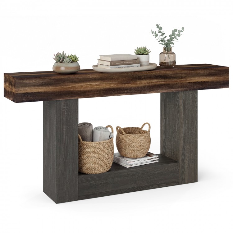 Rustic brown 2-tier console table with sturdy frame and storage shelf, perfect for narrow spaces and home decor.