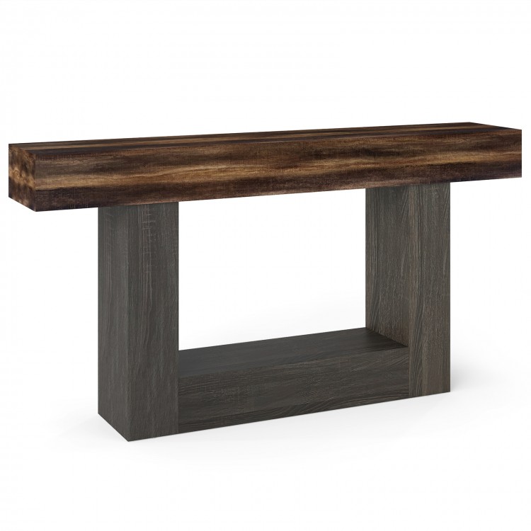 Rustic brown 63" farmhouse console table with 2-tier storage shelf, sturdy frame, and non-slip foot pads for stability.