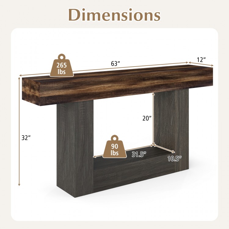 Dimensions of the 2-Tier Farmhouse Console Table in rustic brown, showcasing a sturdy 63" long design with storage.