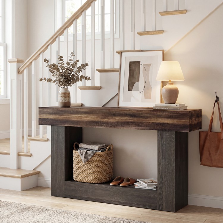 Rustic brown 2-tier farmhouse console table with storage shelf, perfect for narrow spaces and stylish decor.