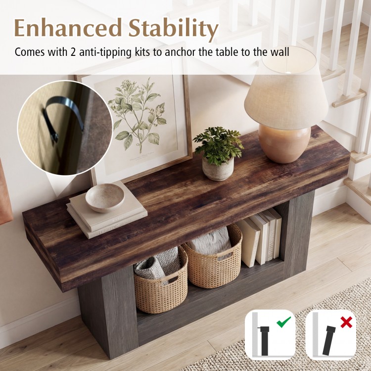 Rustic brown 2-tier console table with storage shelf, featuring anti-tipping kits for enhanced stability in narrow.