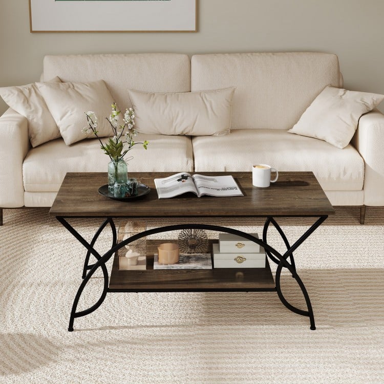 2-tier faux marble coffee table with oak finish and metal frame, featuring a stylish design and ample storage space.