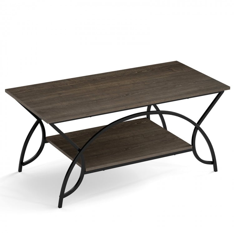 2-tier faux marble coffee table with oak finish and metal frame, featuring a stylish arch design for organized storage.