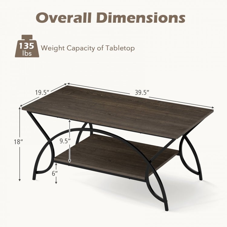 2-tier faux marble coffee table with oak finish, featuring a sturdy metal frame and dimensions for organized storage.