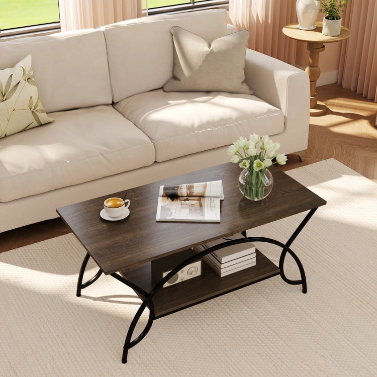 Faux marble coffee table with oak finish, featuring a 2-tier design and sturdy metal frame for stylish living room.