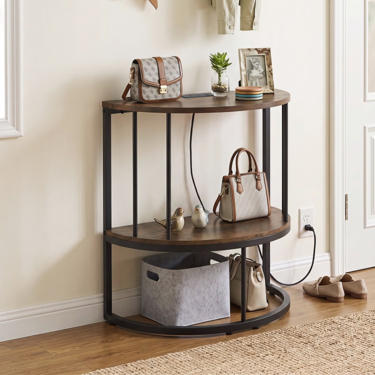Half moon console table in rustic brown with power outlets, featuring two tiers for organized storage in hallways.