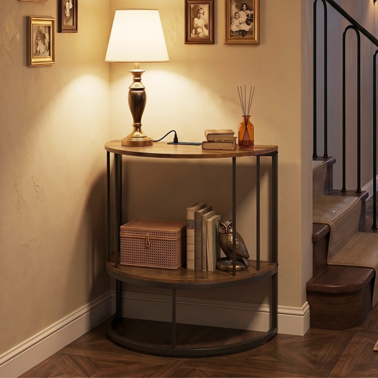 Half moon console table in rustic brown with built-in power outlets, ideal for hallway storage and organization.