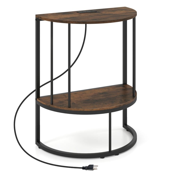 Half moon console table in rustic brown with 2 tiers, power outlets, and a sturdy metal frame for versatile storage.
