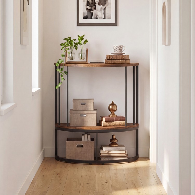 Half moon console table in rustic brown with two tiers, built-in power outlets, and storage for hallway organization.
