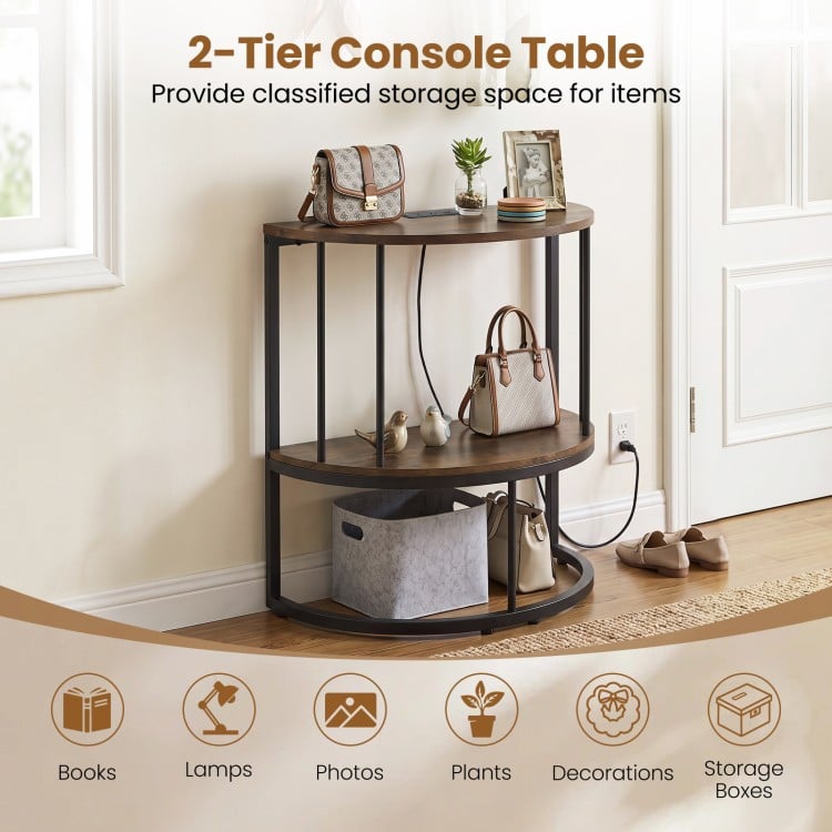 2-tier half moon console table in rustic brown with built-in charging station, ideal for organizing books and decorations.