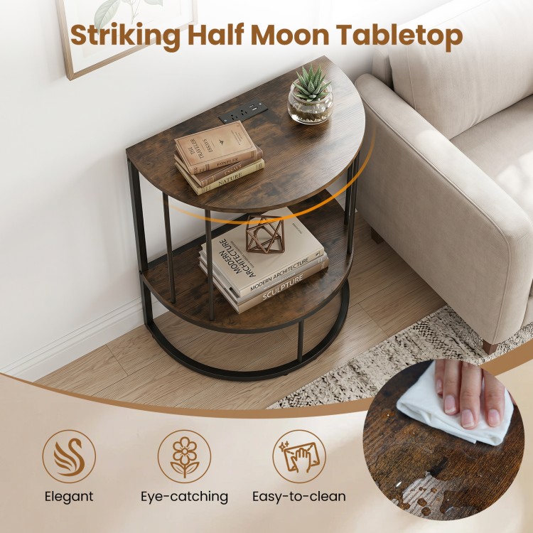2-tier half moon console table in rustic brown with power outlets, ideal for organizing items in compact spaces.