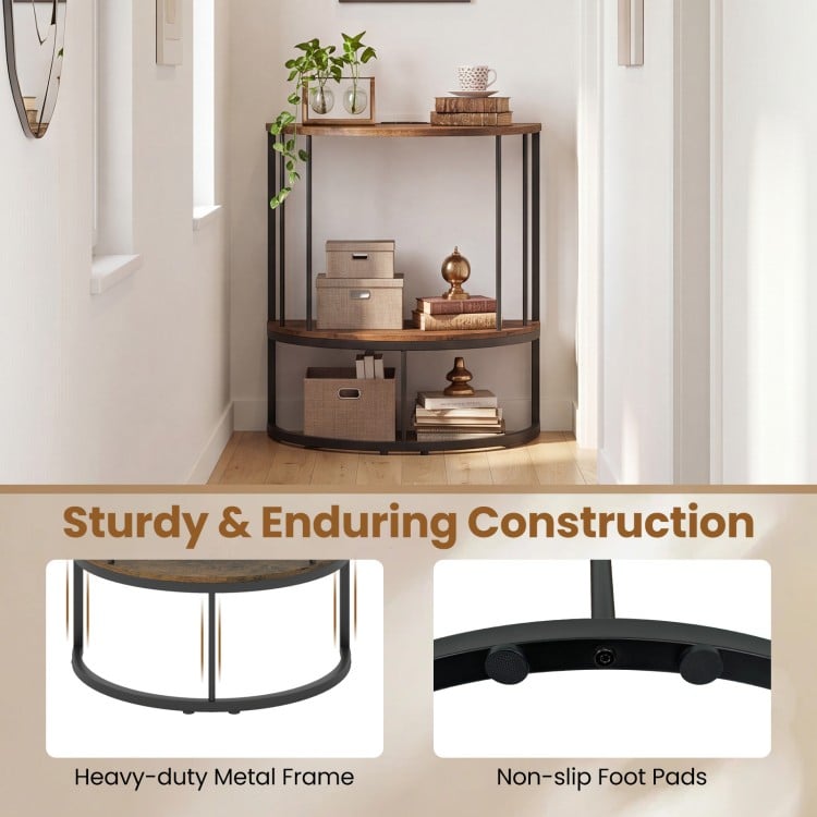 2-tier half moon console table in rustic brown with a heavy-duty metal frame and built-in charging station for versatile storage.