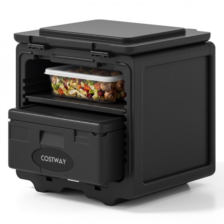 2-tier insulated food pan carrier with removable tray, large capacity, and safety buckles for catering or camping use.