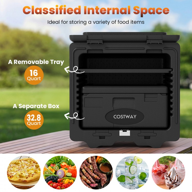 2 Tier insulated food pan carrier with removable 16-quart tray and 32.8-quart box, perfect for catering and parties.