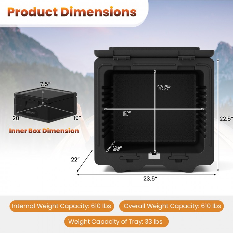 2 Tier Insulated Food Pan Carrier dimensions showing removable tray, large capacity, and safety locking system for.