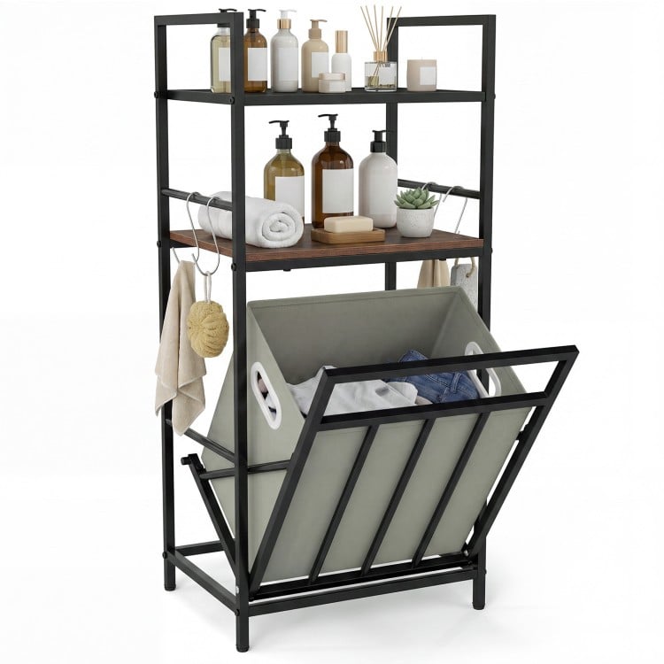 2-tier laundry hamper with a tilt-out basket, black metal frame, and wooden shelves for versatile storage in any room.