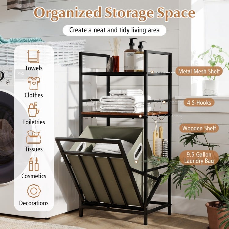 2-tier laundry hamper with tilt-out basket, black metal frame, wooden shelves, and removable 9.5-gallon laundry bag for.